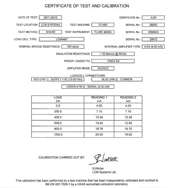 lcm4487 Bulones de Carga certificado de calibración