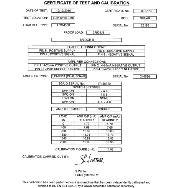 lcm4550 Bulones de Carga certificado de calibración