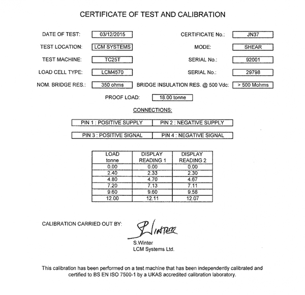 lcm4570 Celda de Carga Grillete certificado de calibración