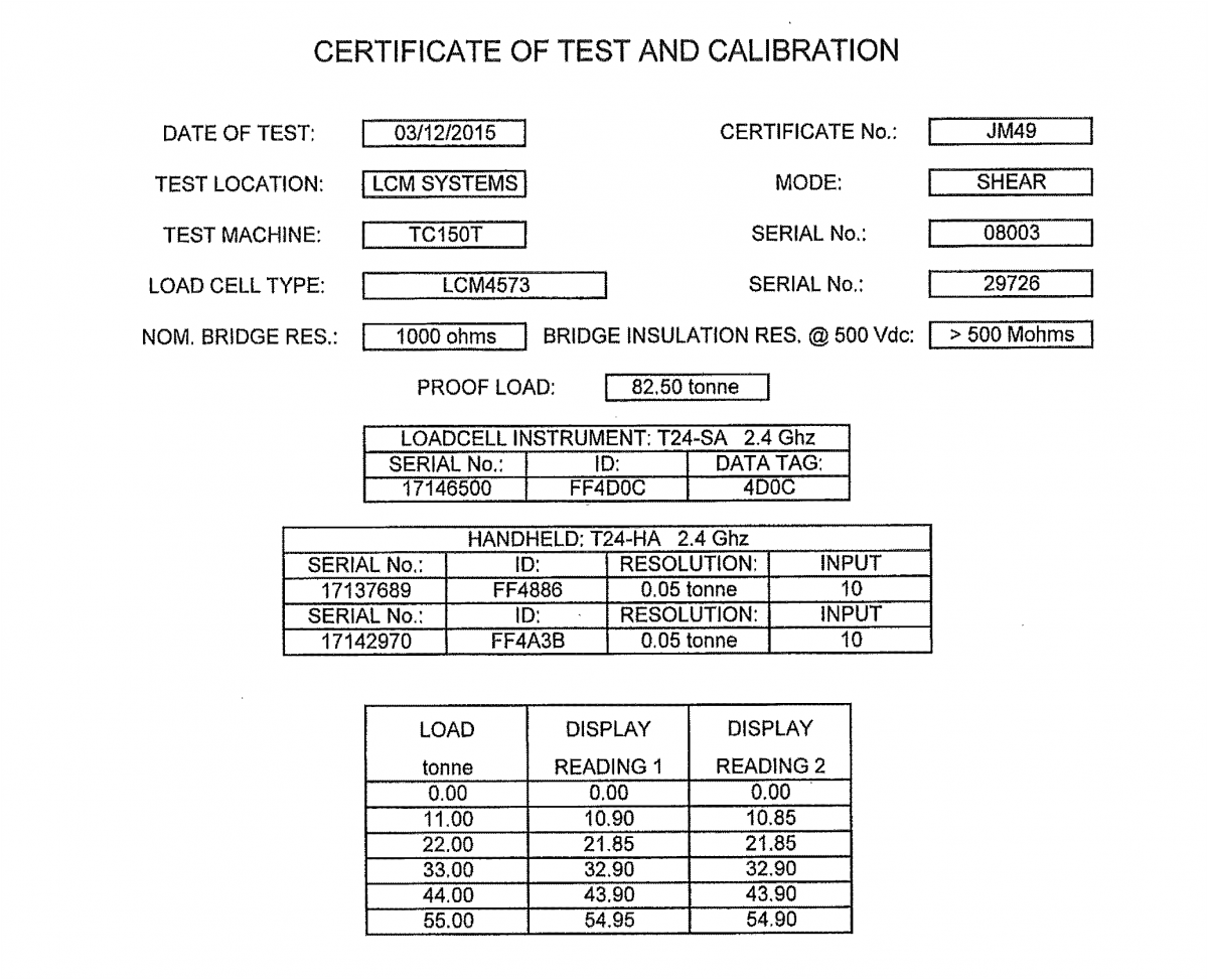 lcm4573 low temperature load shackle calibration certificate