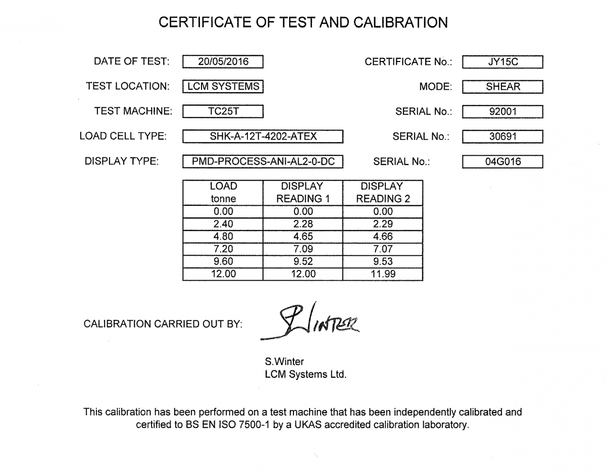 lcm4643 atex Celda de Carga Grillete certificado de calibración