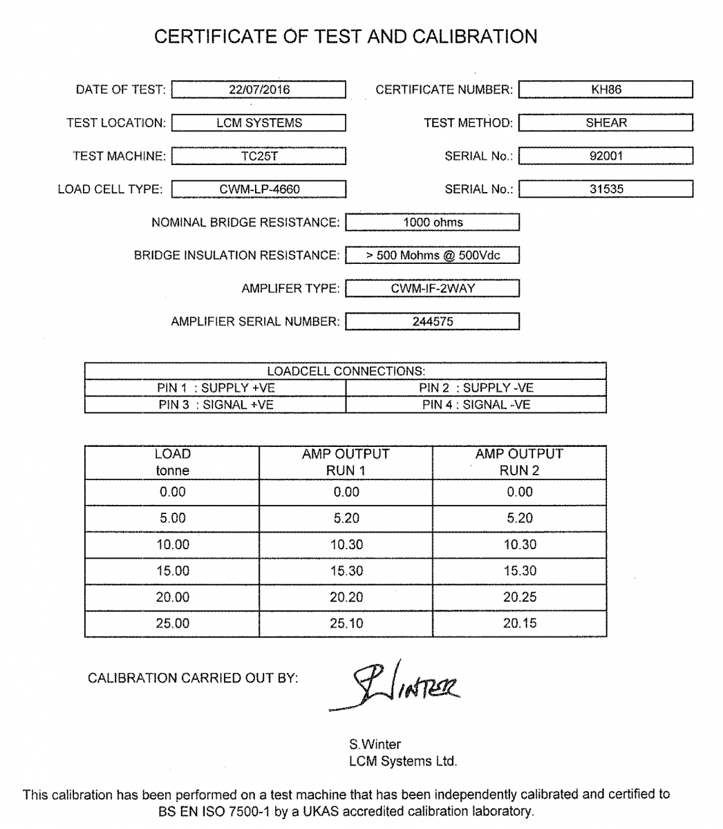 lcm4660 Bulones de Carga certificado de calibración